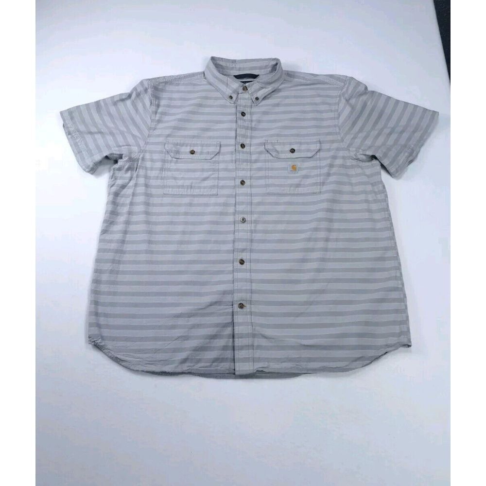 Carhartt Shirt Mens 2XL Gray Striped‎ Loose Fit Workwear Durability Long Sleeve